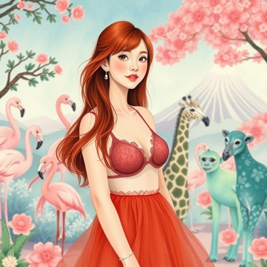 Kawaii Woman at Zoo in Woodblock Print Style