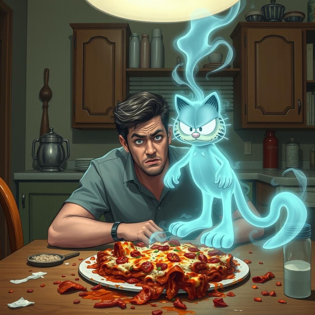 Ethereal Garfield Haunts Lasagna Dinner: Cinematic Illustrat...