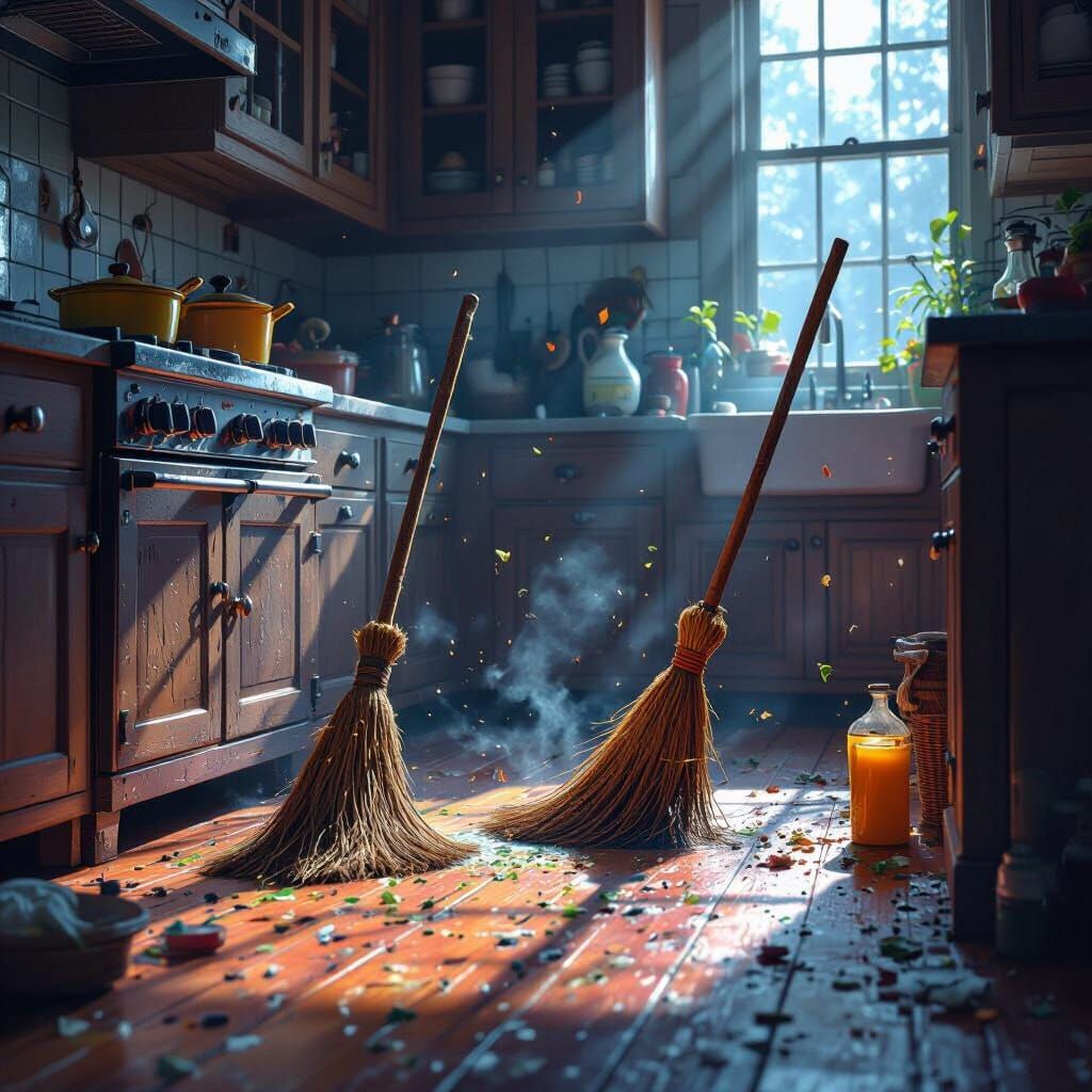 Enchanted Brooms Clean Magical Mess in Cinematic Kitchen