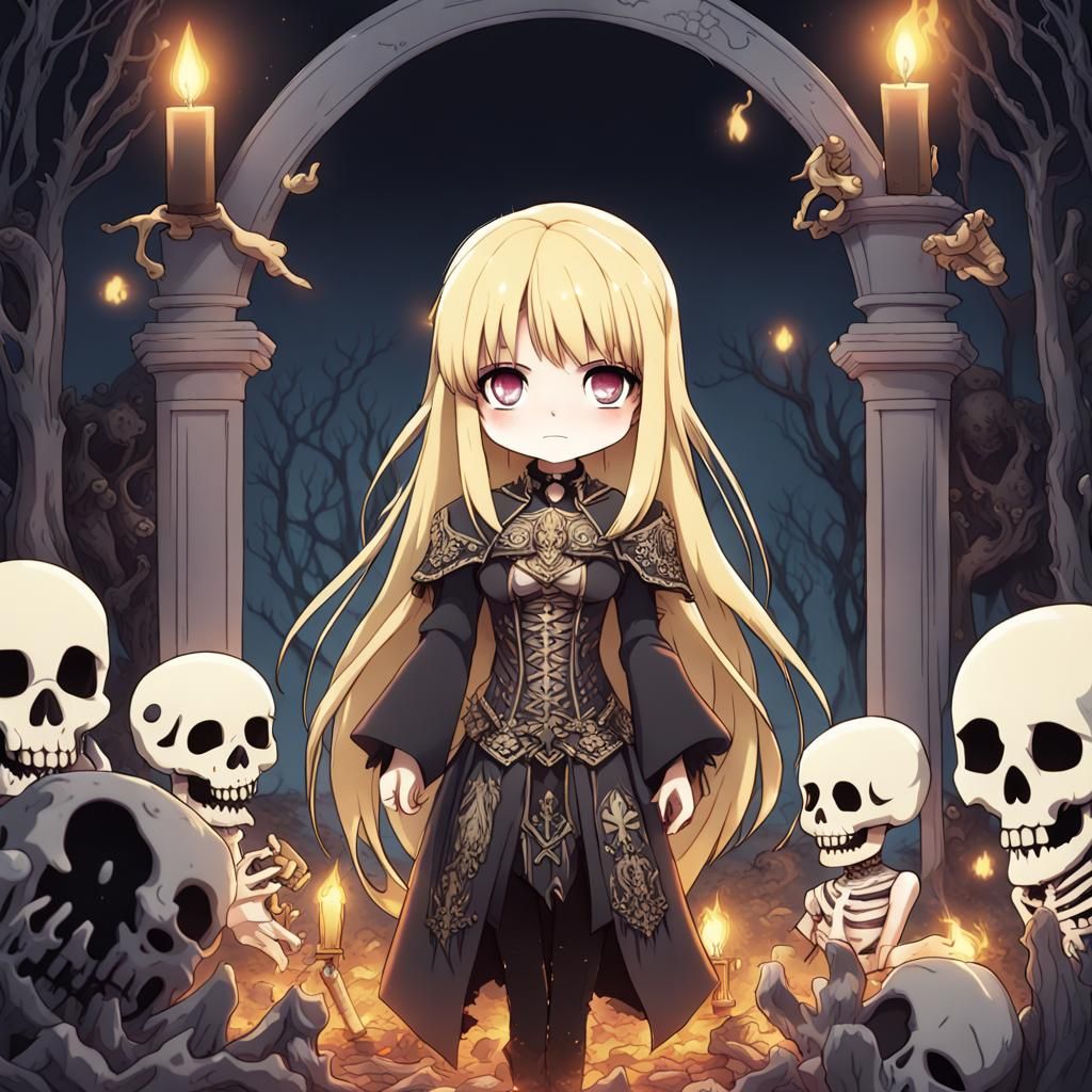 Chibi Anime Necromancer Surrounded by Skeletons