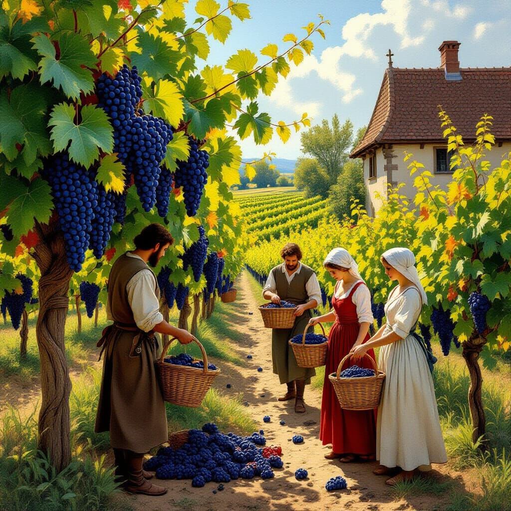 Medieval Vineyard Harvest in Rustic Painting Style