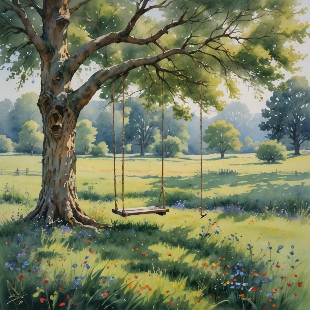 Watercolour Tree Swing in Meadow, Gurney Style