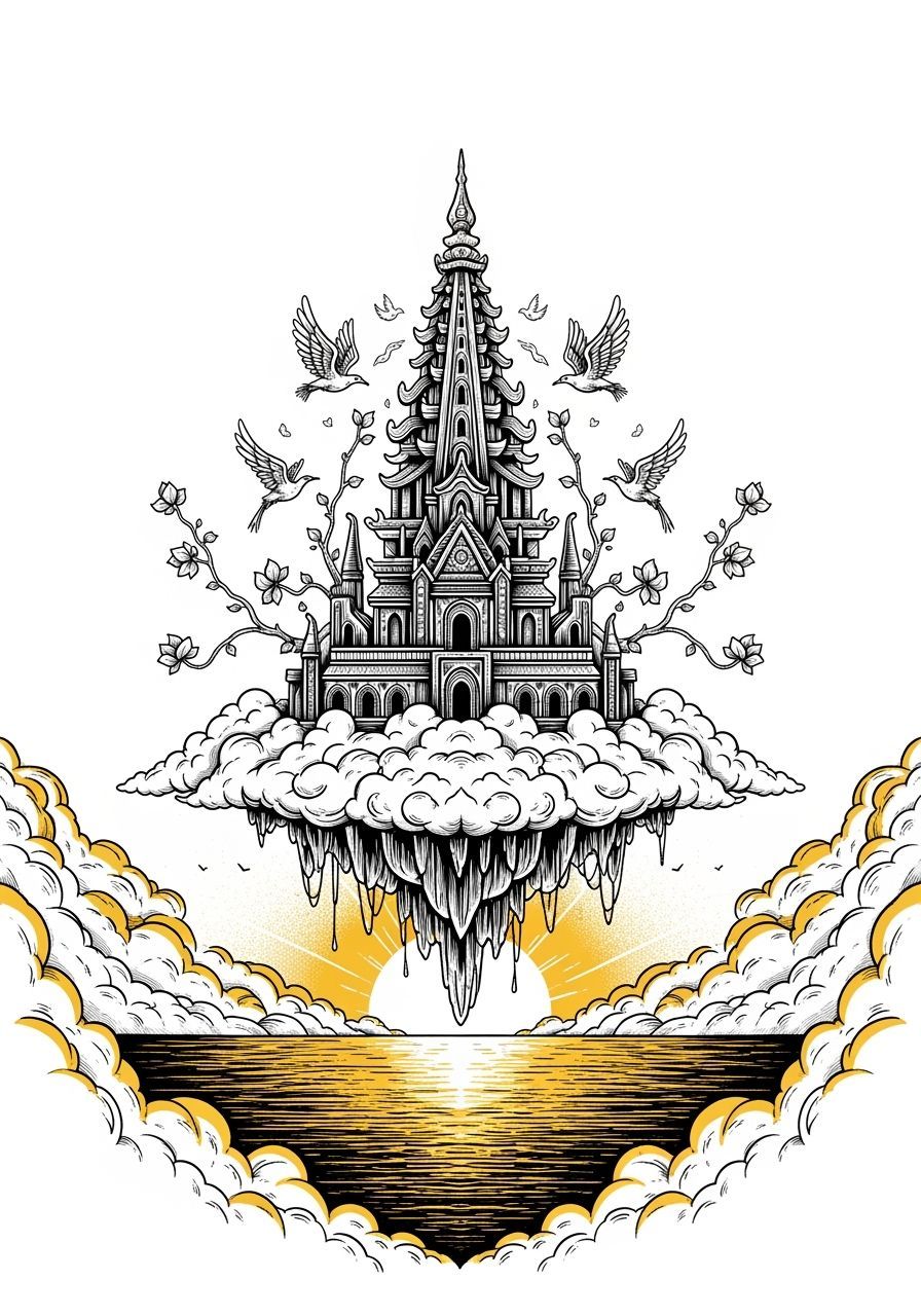 Sunlit Temple Floating Above Golden Ocean in Monochrome