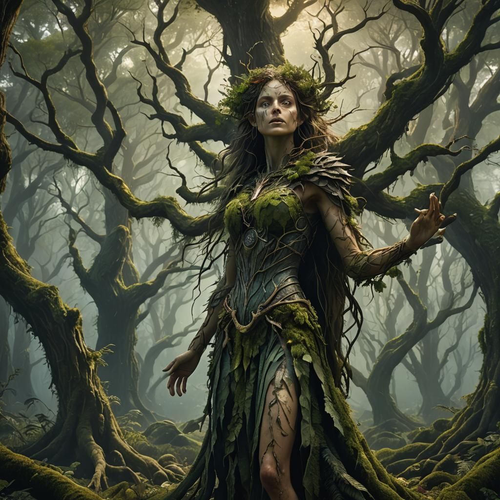 Ethereal Dryad in Overwhelmed Fantasy Forest