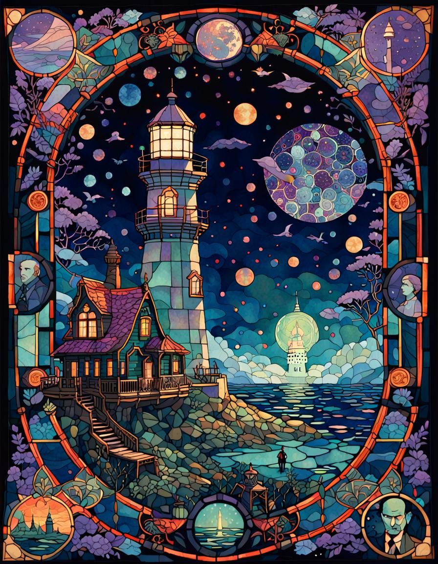 Luminous Lighthouse in Arcanepunk Stained Glass Style