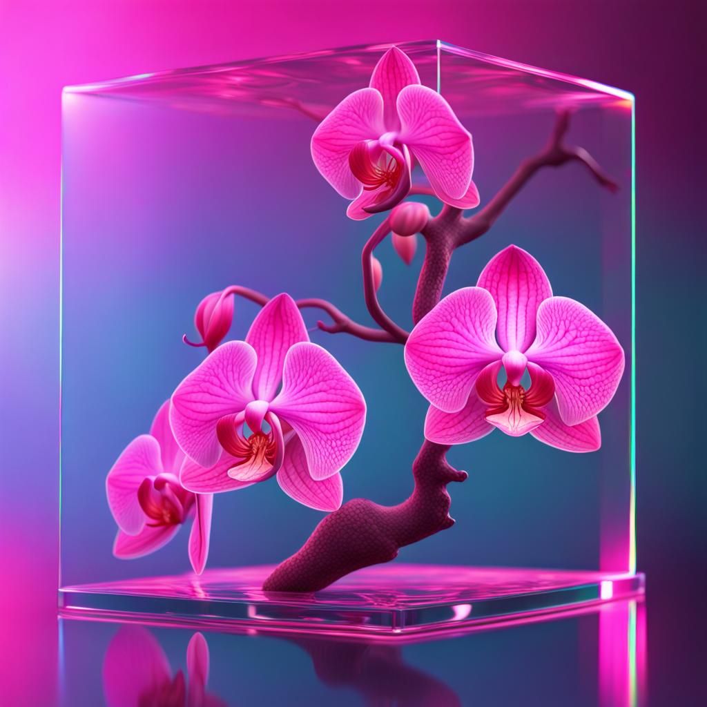 Holographic Pink Orchid in Glass Cube