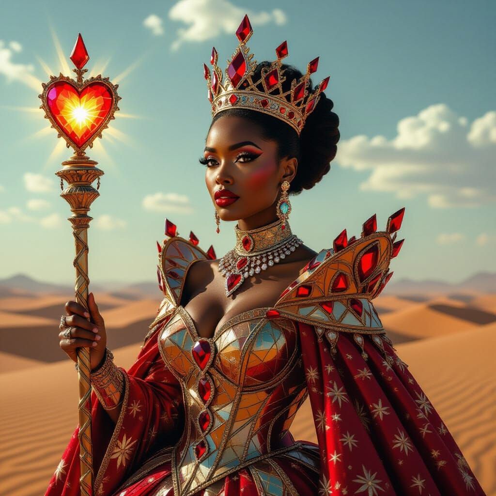 Regal African Queen of Hearts in Crystalline Desert
