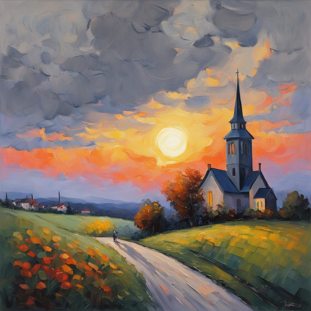 Neo-Impressionist Village Church at Sunset