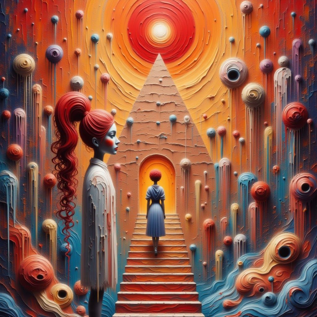 Surreal Psychedelic Pyramid with Red-Haired Woman
