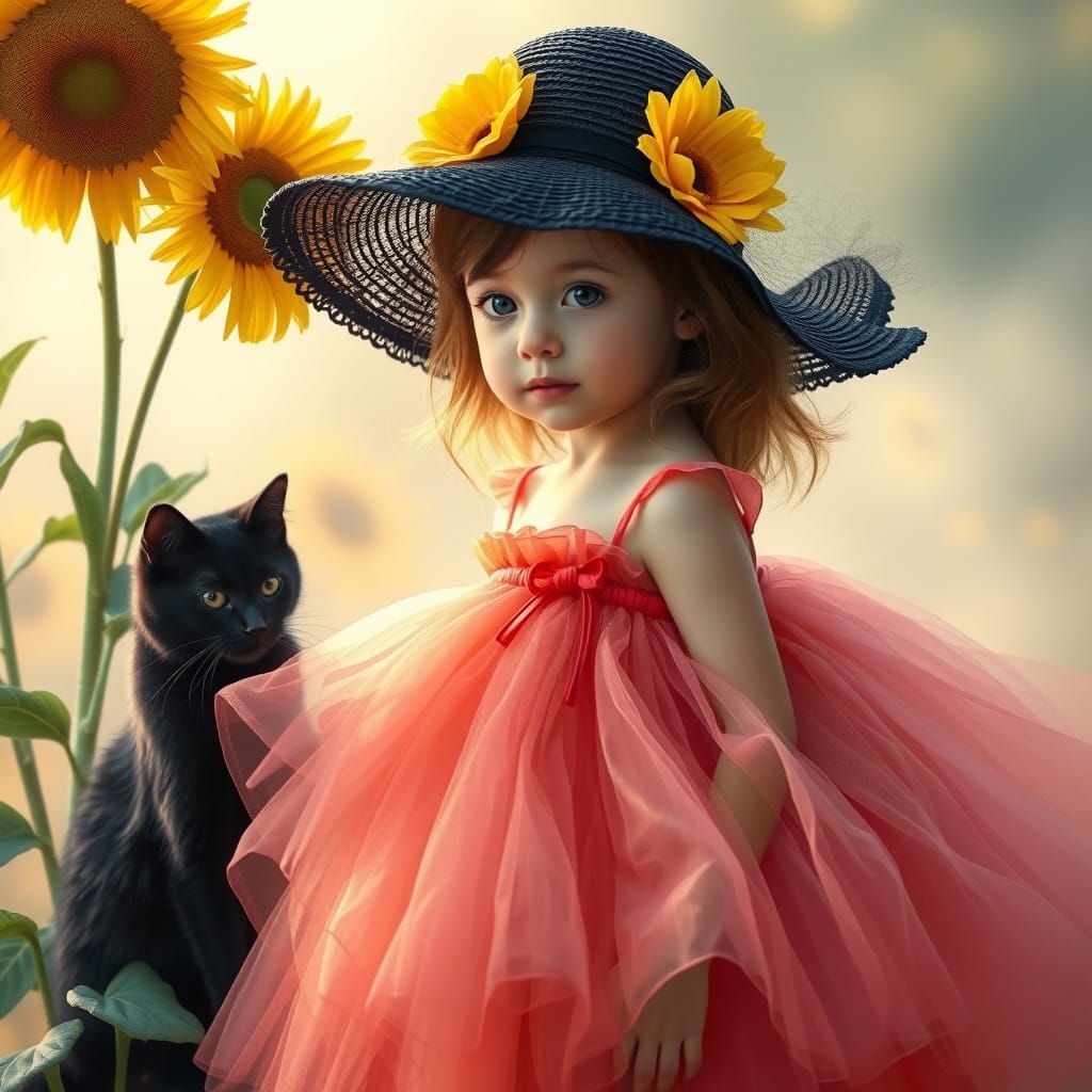 Girl with Cat and Sunflowers in Fantasy Style