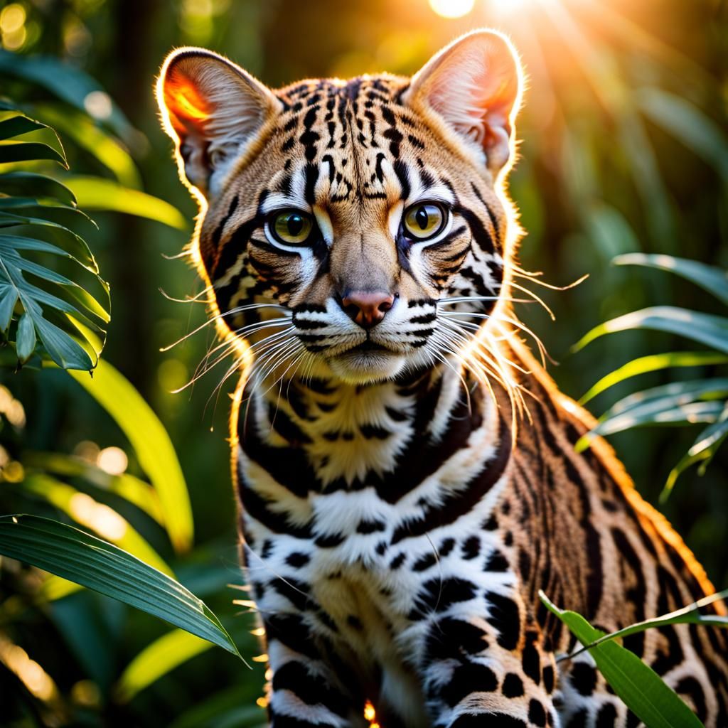 Ocelot in Tropical Forest at Sunset
