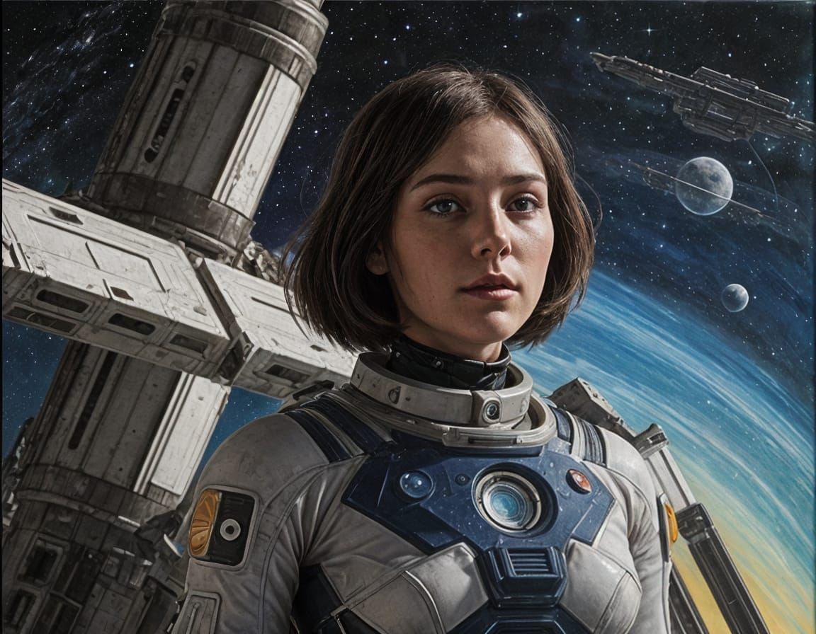 Android Woman in Space: A Pre-Raphaelite Oil Painting