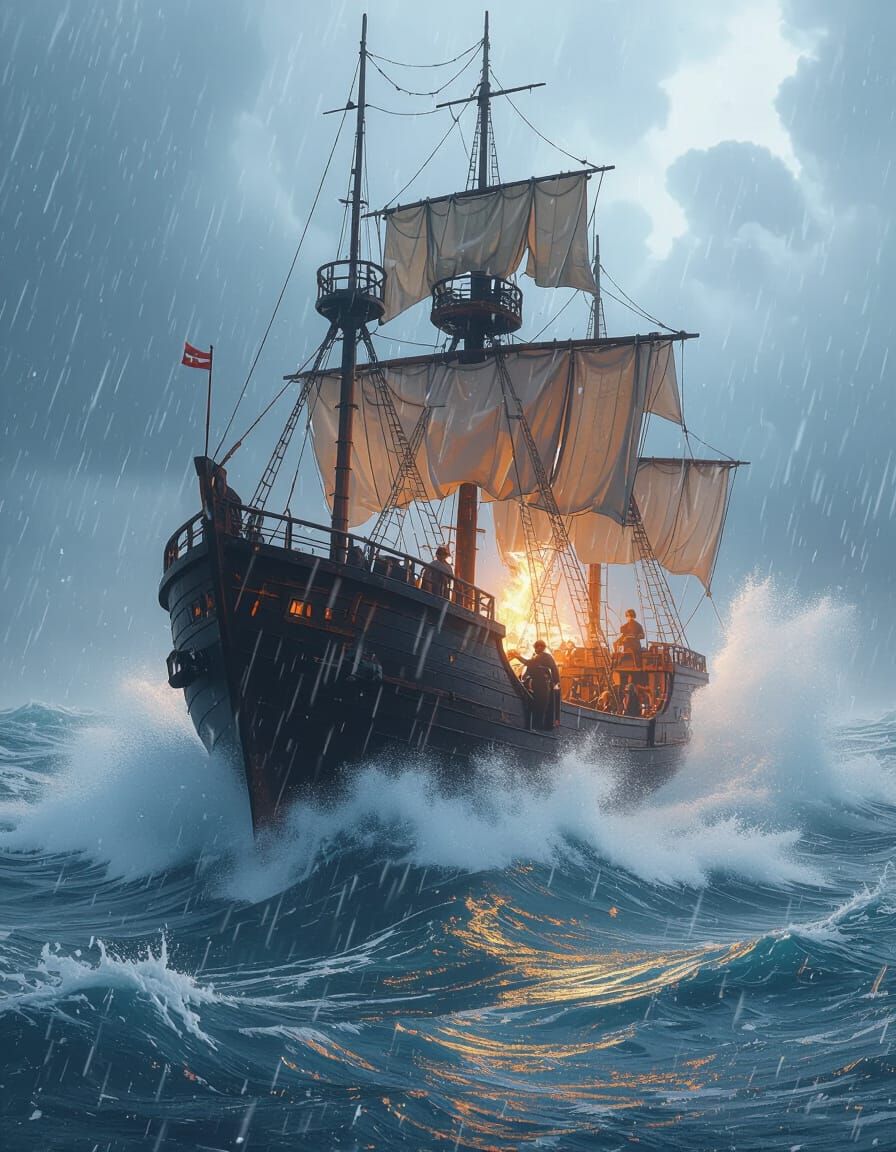 Ship Battles Stormy Seas in Detailed 3D Anime Style
