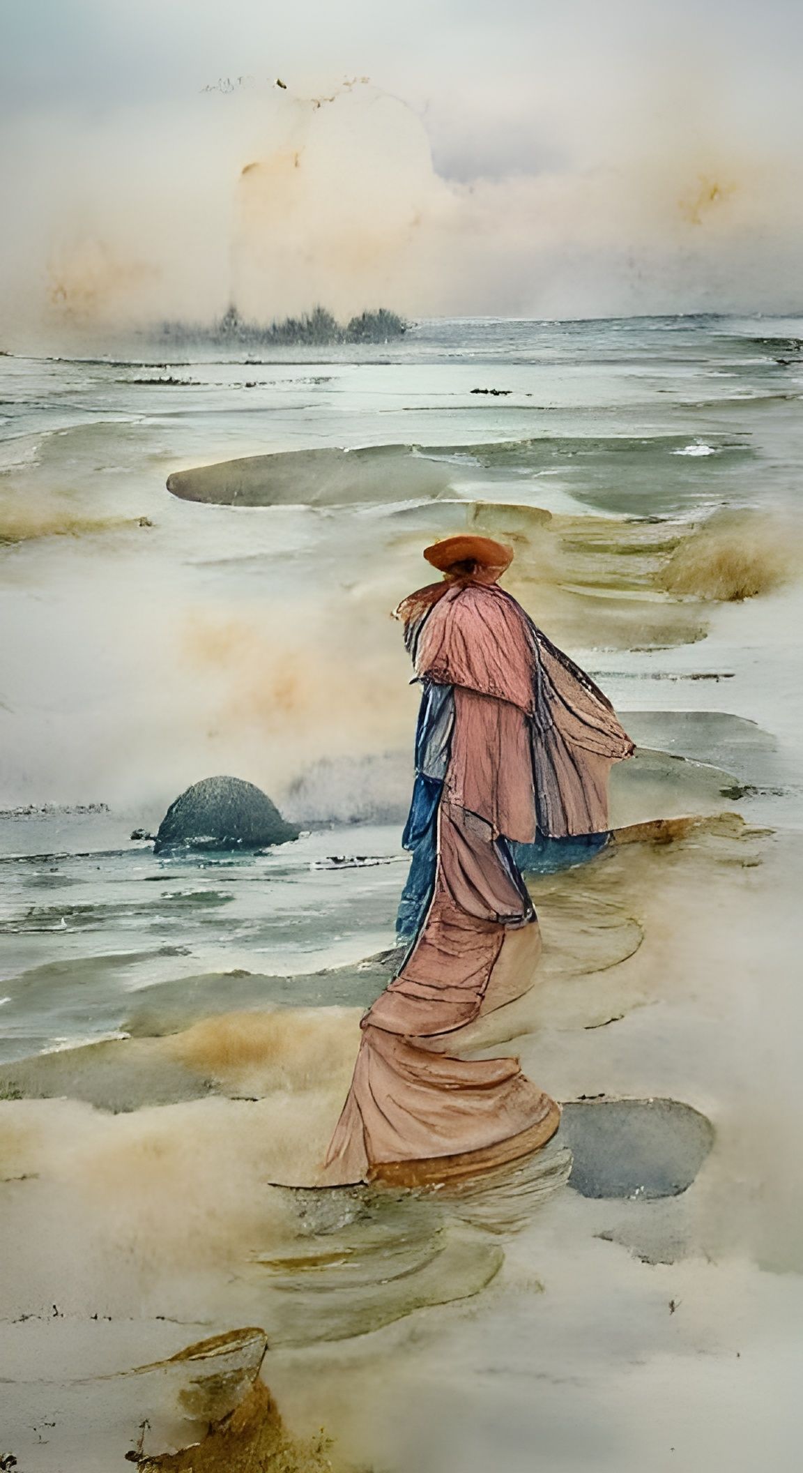 Ink Wash Watercolor of Woman on Stormy Seashore