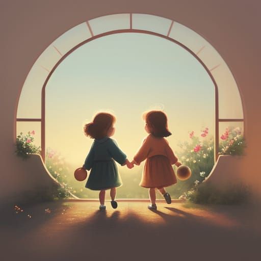 Two Children Playing: Whimsical Pastel Illustration
