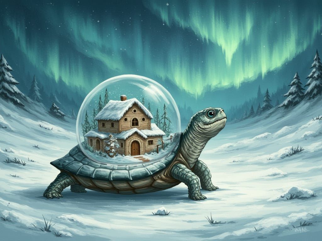 Arctic Turtle Snow Globe in Aurora Tundra