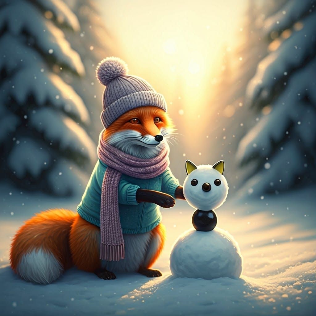 Wonderful Fox Builds Snowfriend Under Enchanted Winter Setti...