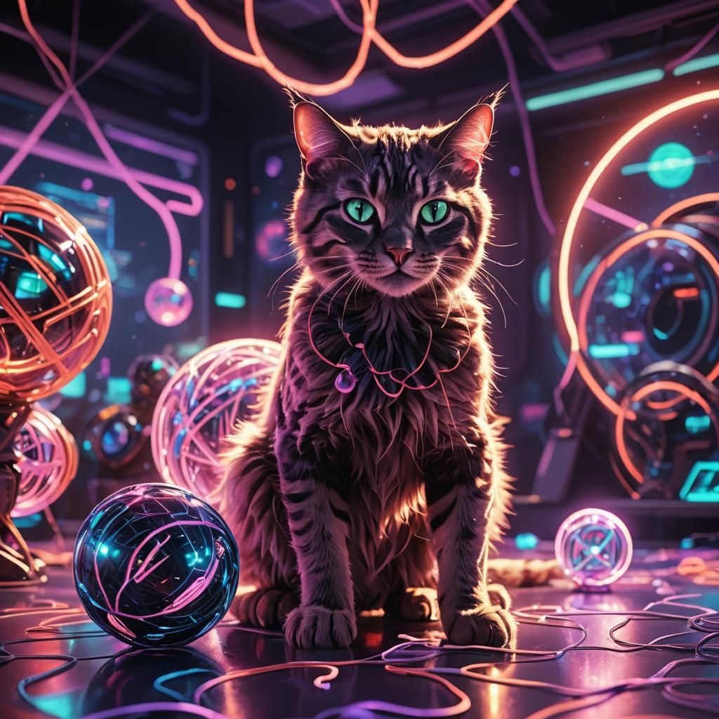 Alien Cat Plays with Yarnball in Sci-Fi Room