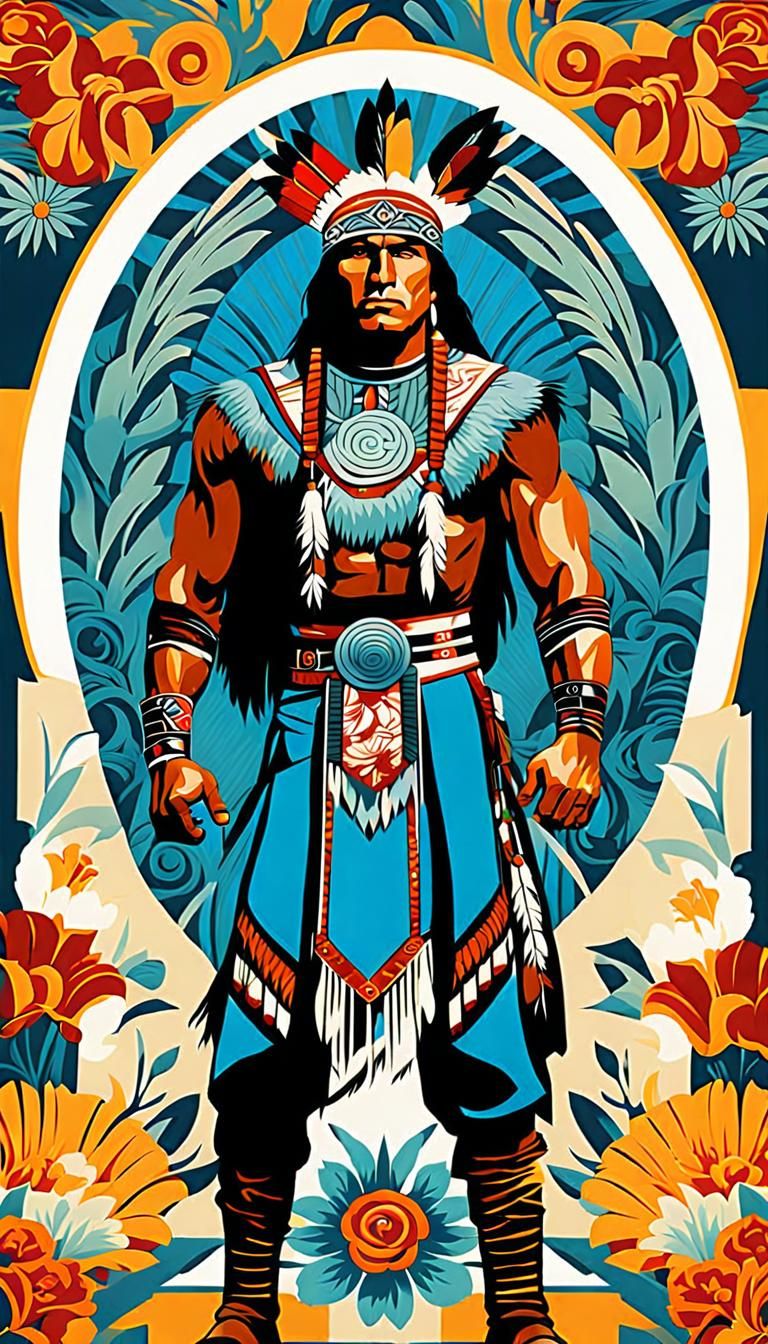Art Nouveau Native American Warrior with Floral Design