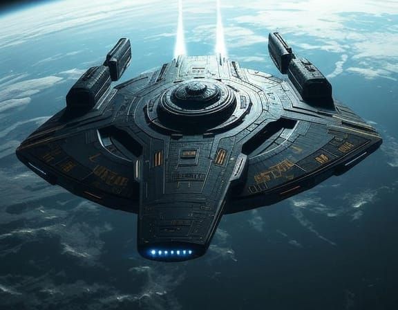 Colossal Starship in Orbit Above Oceanic Planet