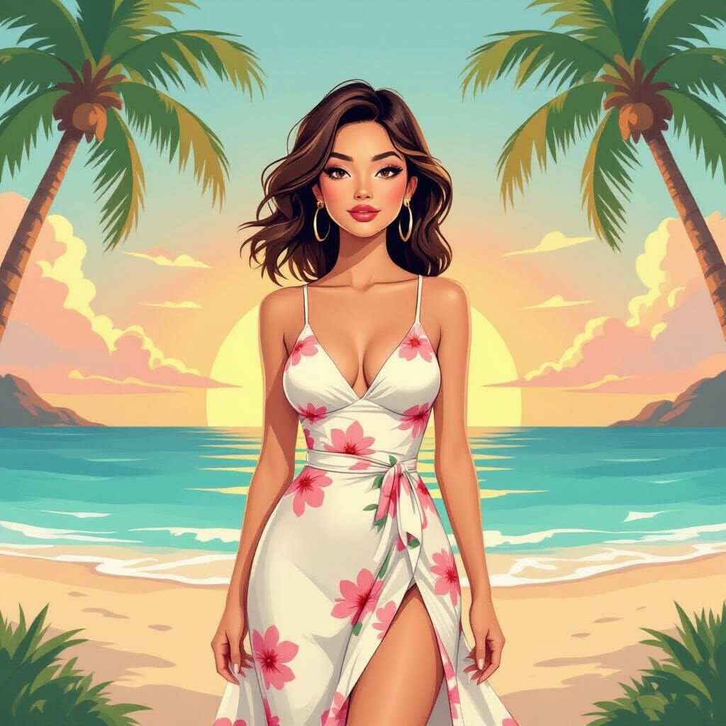 Elegant Woman on Paradise Beach at Sunset