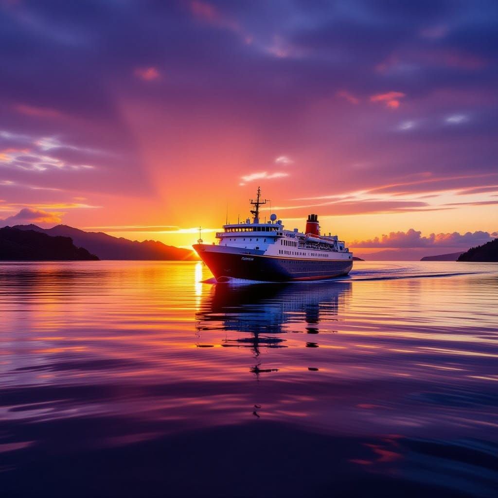 Mikhail Lermontov Cruise Ship at Dramatic New Zealand Sunset