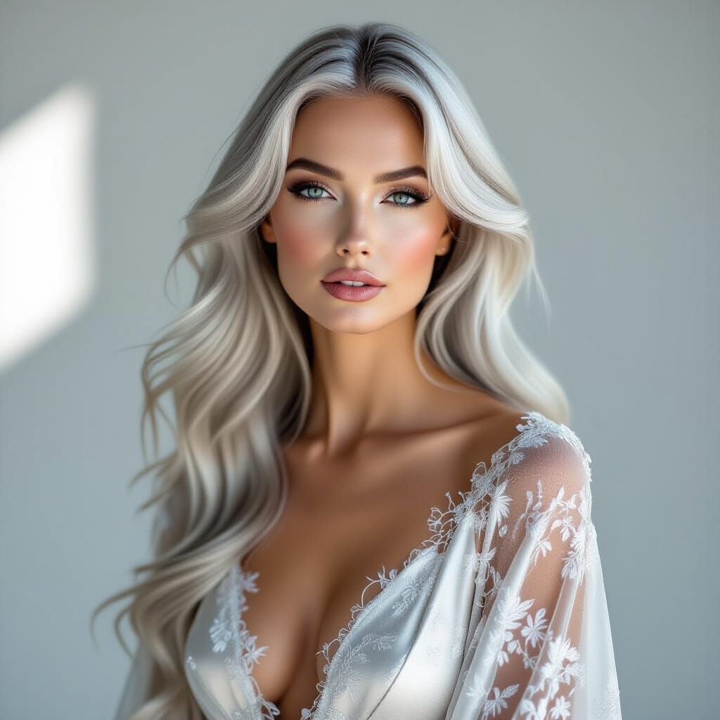 Silver-Haired Woman in Silk Gown: Hyperrealistic Fashion Por...