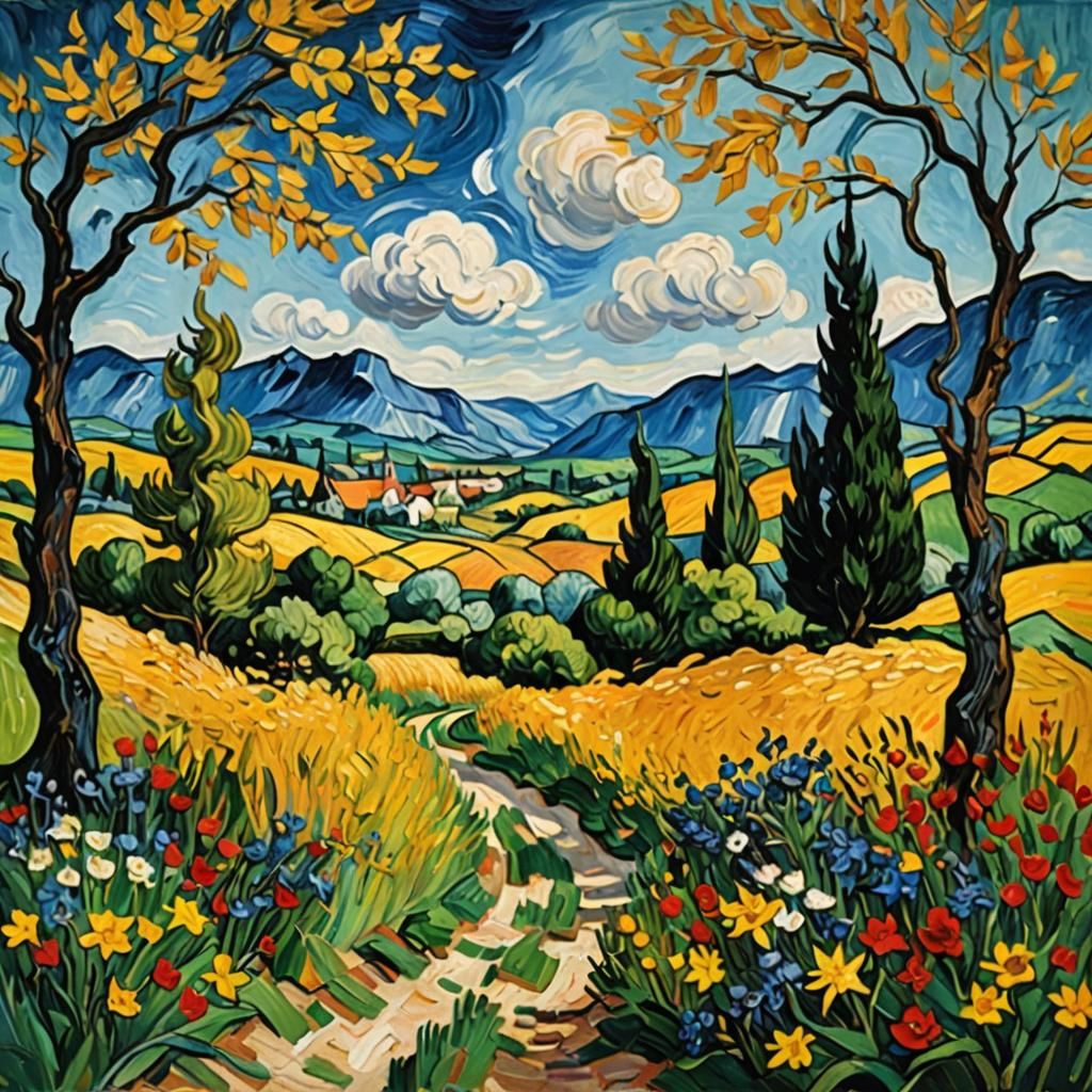 Landscape in oil. Artistic mix of Van Gogh, Henri Matisse and Rubens.