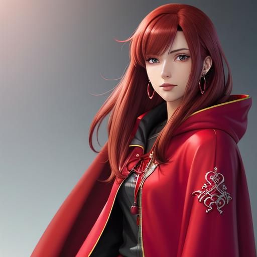 Anime Girl in Red Cape with Ruby Earrings