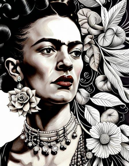 Frida Kahlo Portrait in Bohemian Tattoo Collage Style