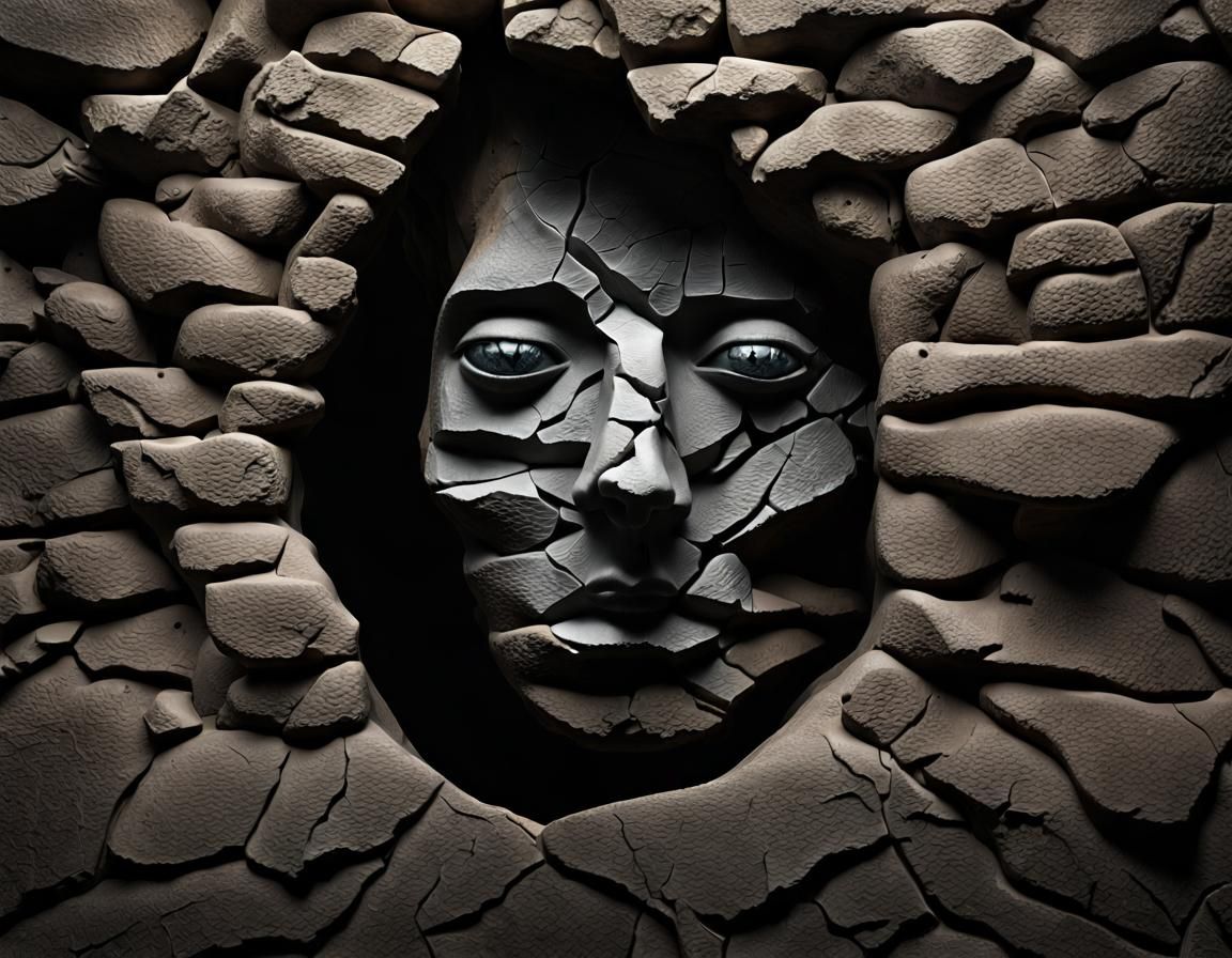 Arafed image of a face in a crack in a rock wall, stone face, subject made of cracked clay, sunken face, carved in stone...
