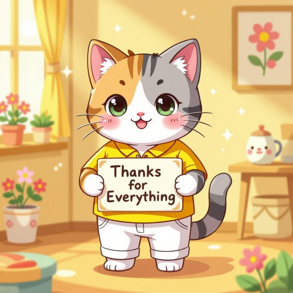 Kawaii Cat Holding "Thanks for Everything" Sign