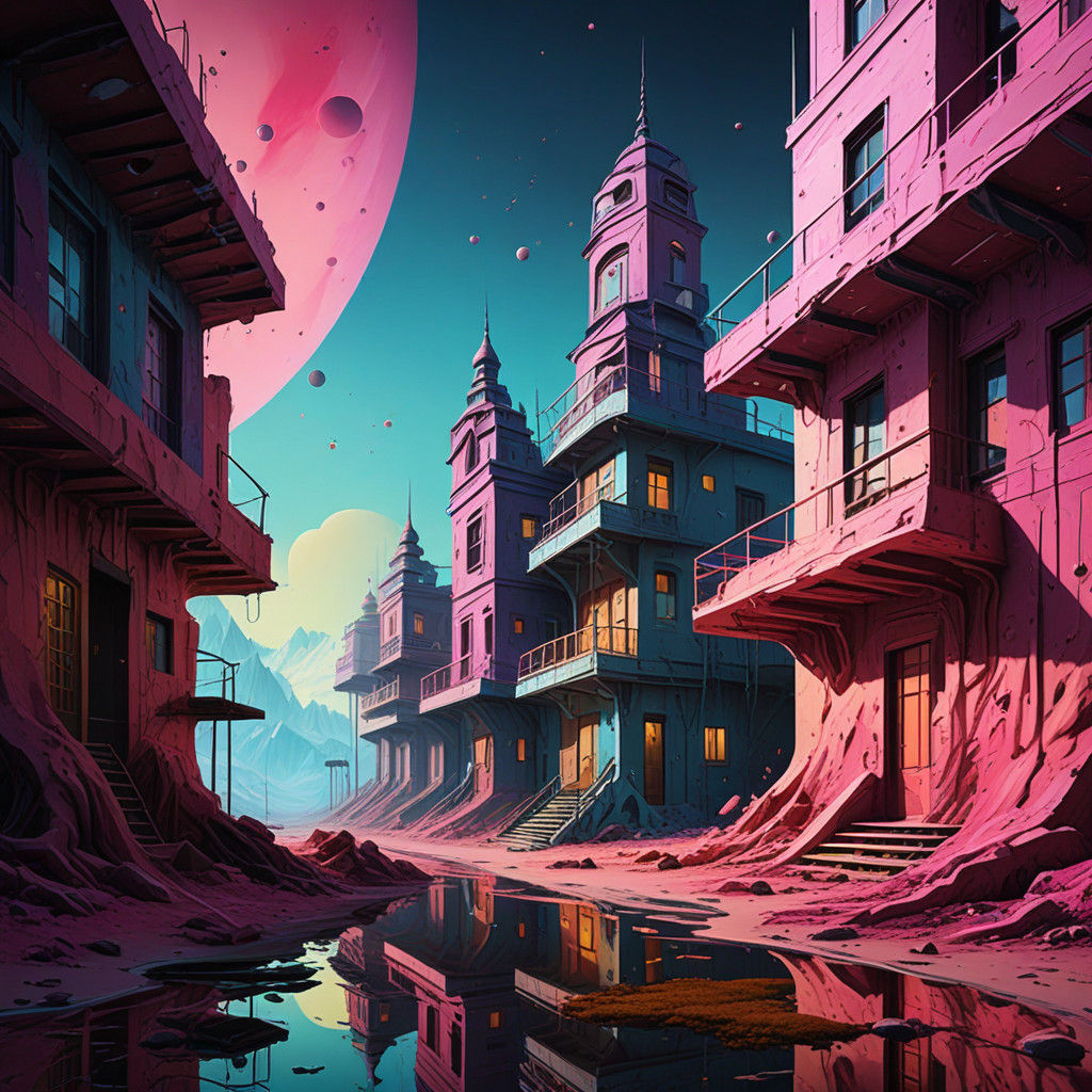 Dreamlike Motel on a Distant Exoplanet in Vibrant Surrealist...