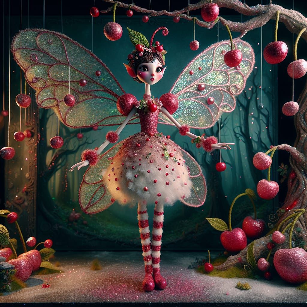 A whimsical stop-motion style fairy character with glitterin...