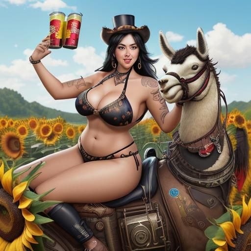 Woman on Llama with Red Bull, Steampunk Style