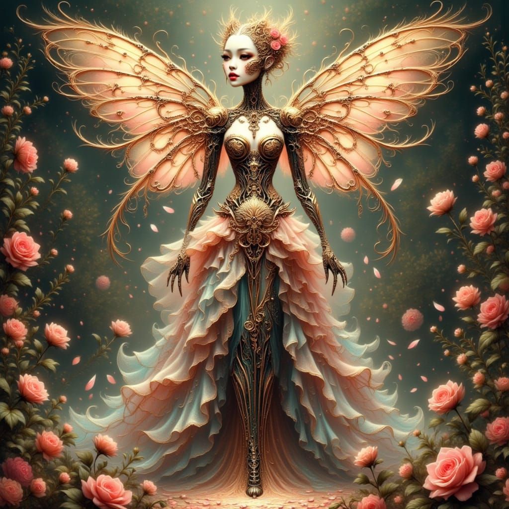 Elf Cyborg Robot with Floral Metal Body in Anime Style