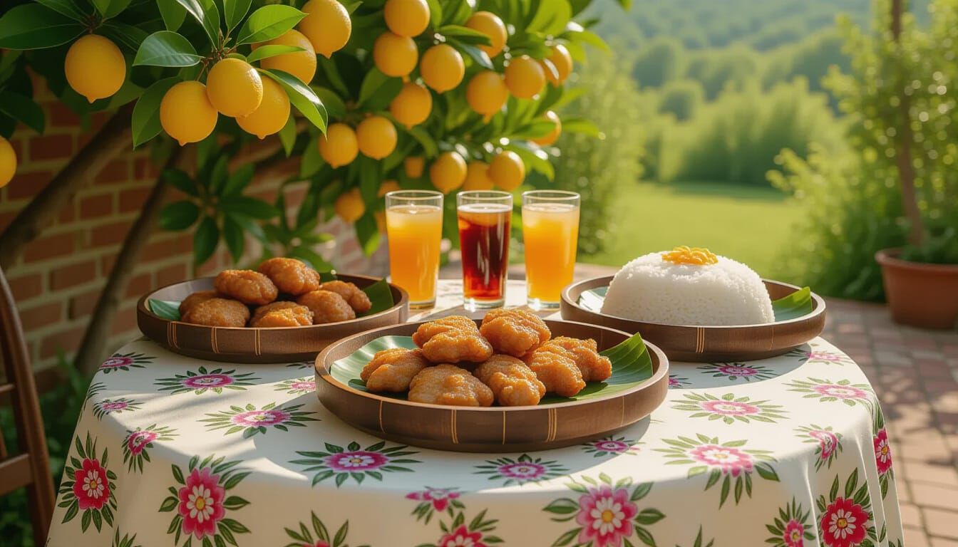 Fried Pork and Sticky Rice on Victorian Tablecloth