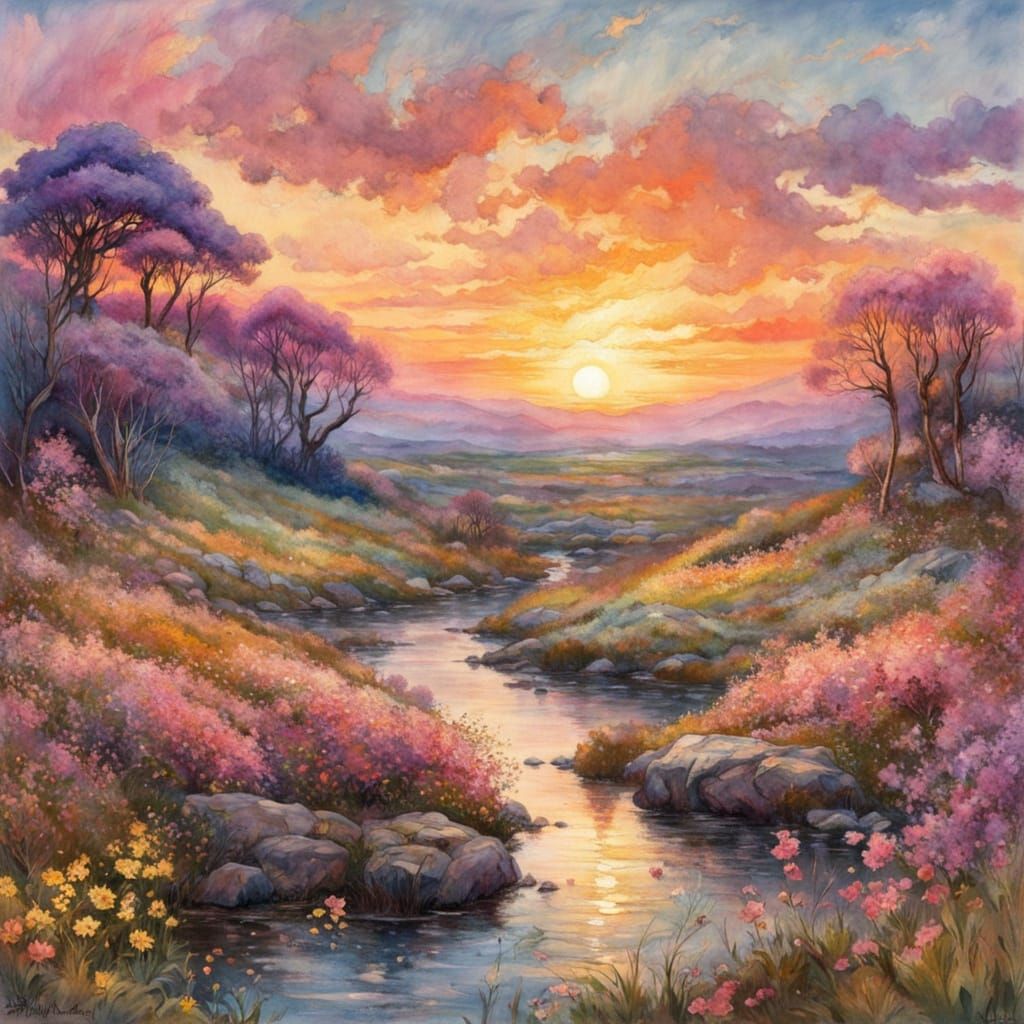 Spring Sunset Landscape in Art Nouveau Watercolor Style