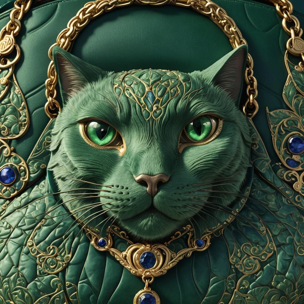 Green Velvet Cat Purse with Golden Logo, Baroque Style
