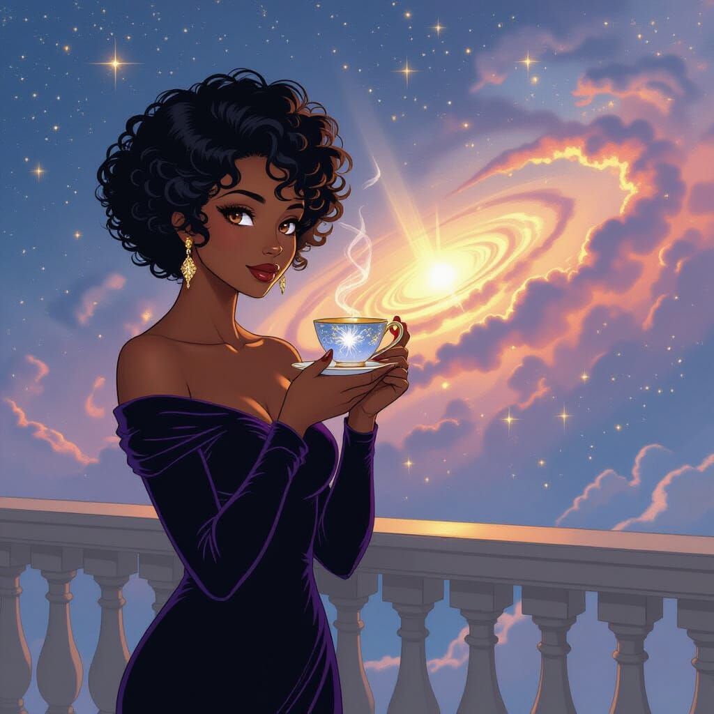 African Woman in Velvet Dress Overlooking Nebula