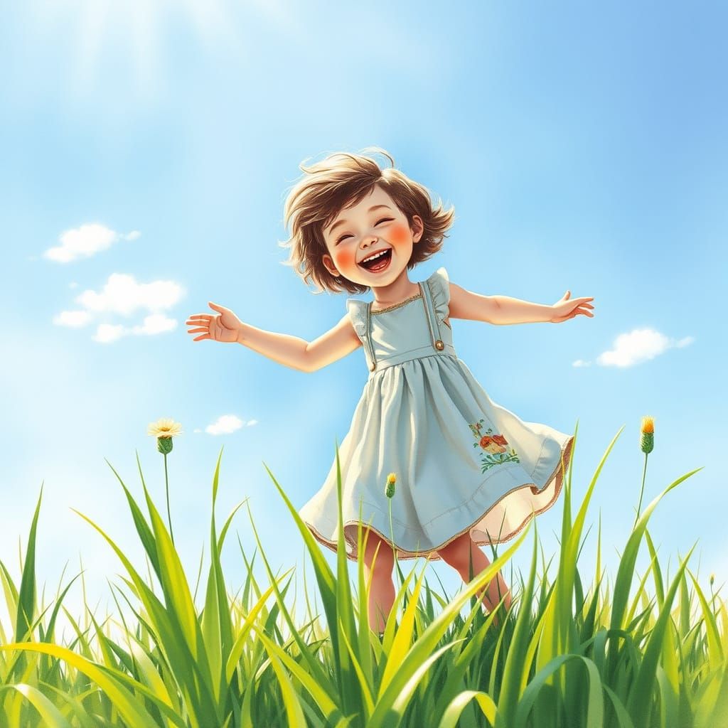 Joyful Child Plays in Whimsical Sunlit Meadow