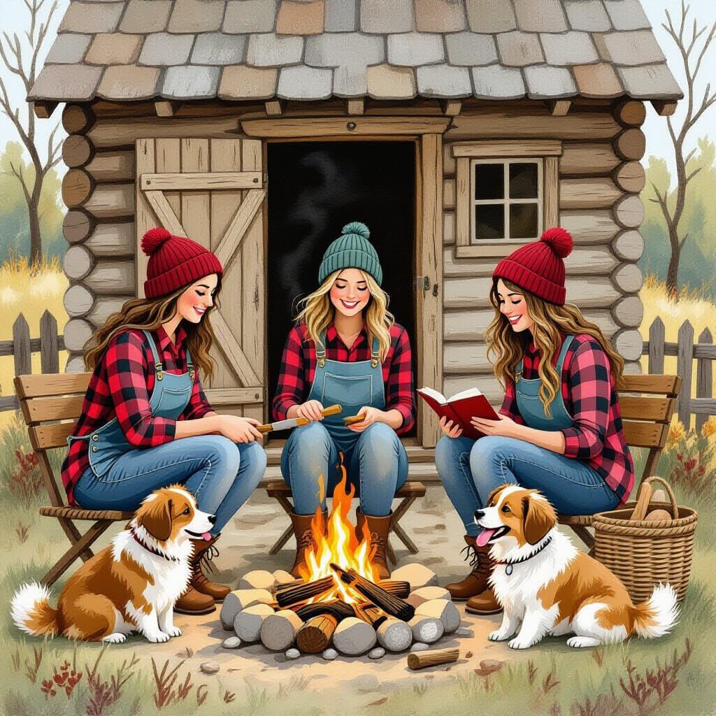 Women Camping, Folk Art Style Inspired by Beatrix Potter