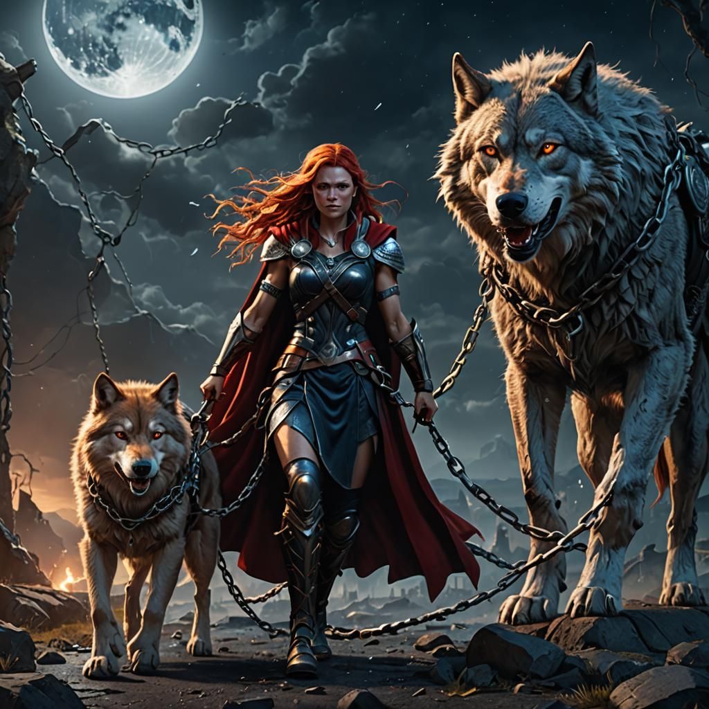 Goddess Leads Giant Wolf Under Full Moon