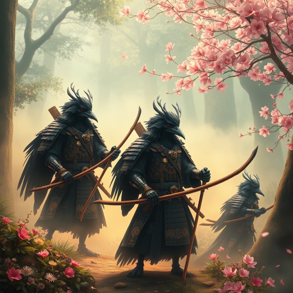 Crow People in Traditional Samurai Armor Amidst Cherry Bloss...
