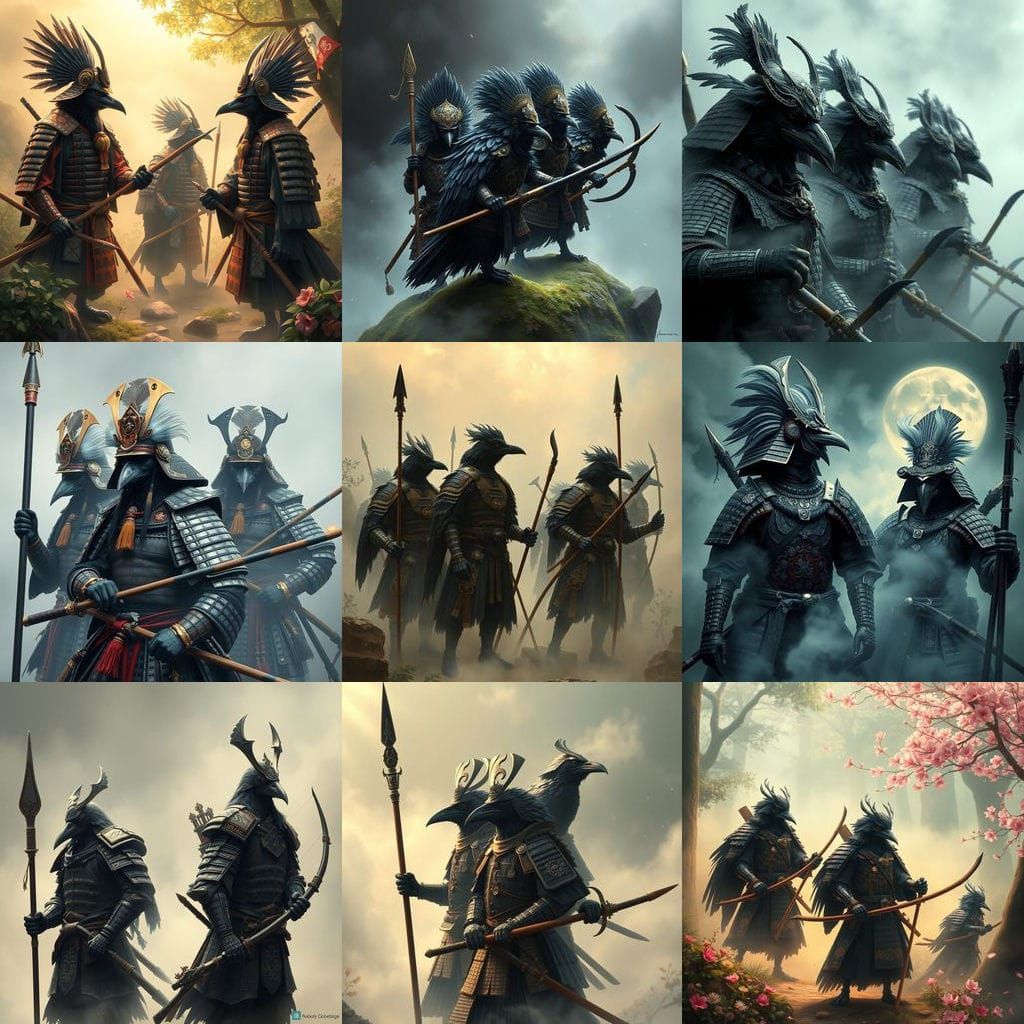 Ethereal Crow Samurai in Misty Fantasy Landscapes