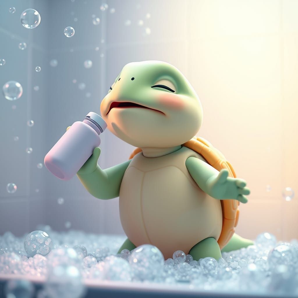 Cartoon Turtle Singing in Shower, Pixar-esque 3D Art