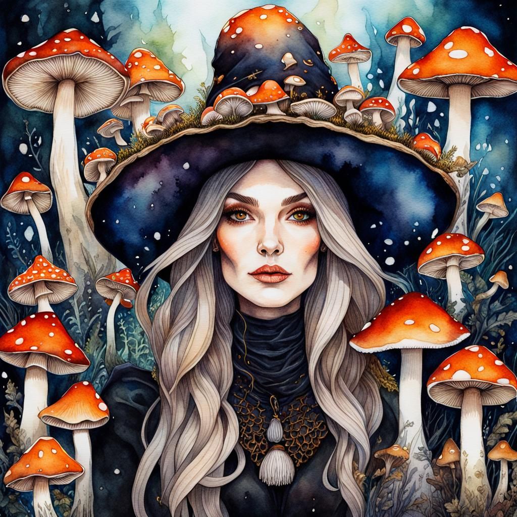 Mushroom Witch Portrait in Watercolour Style