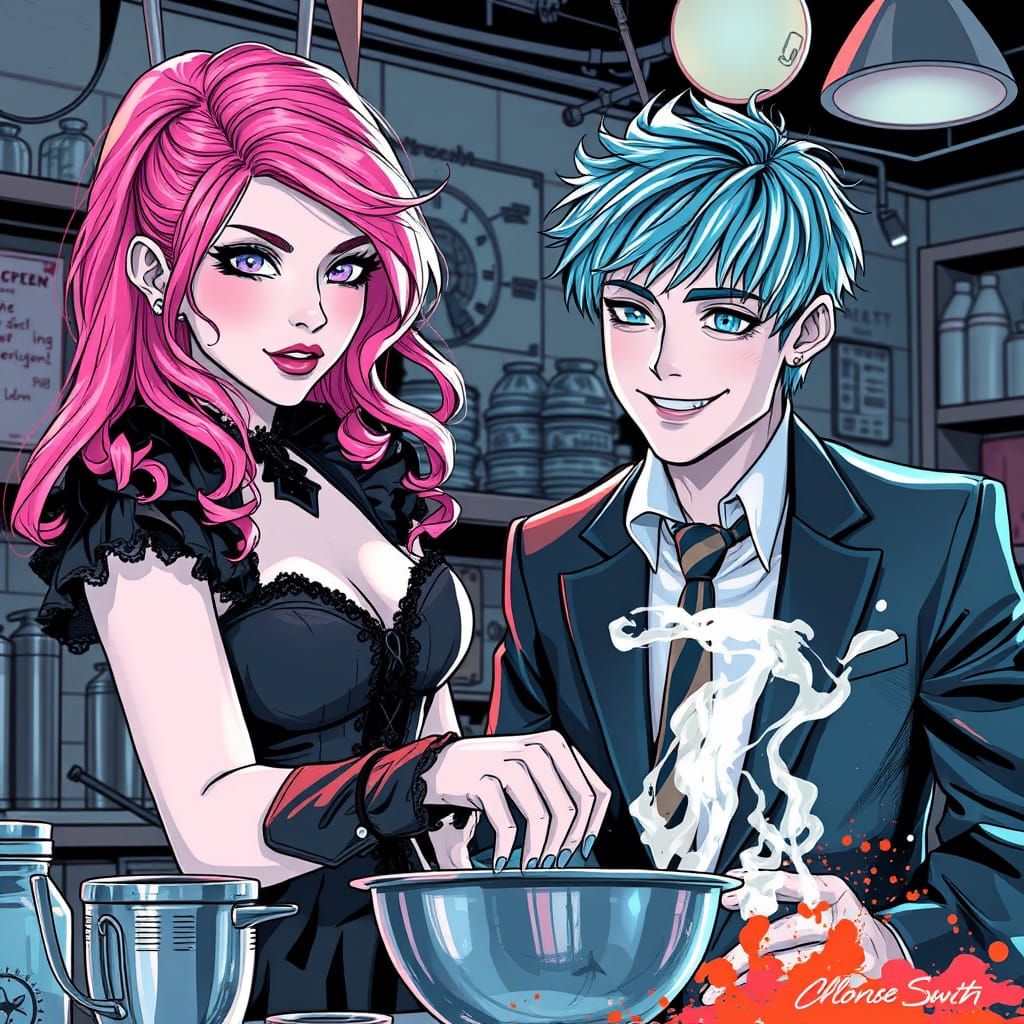 Gothic Romance Cooking Scene in Black and White Line Art