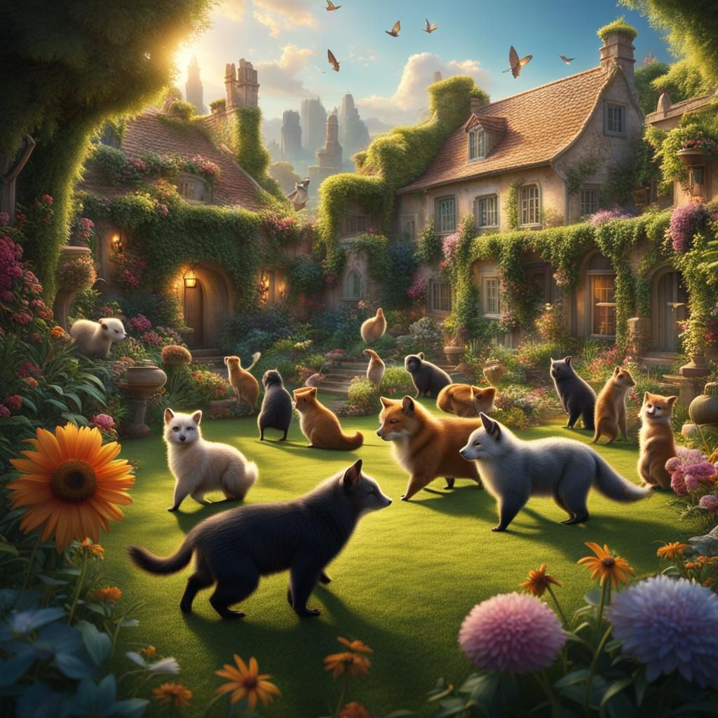 Cute Animals Dancing in a Garden: Digital Matte Painting
