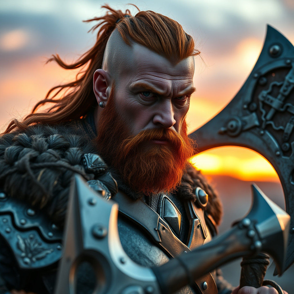 Viking Warrior in Silver Armor, Cinematic Sunset